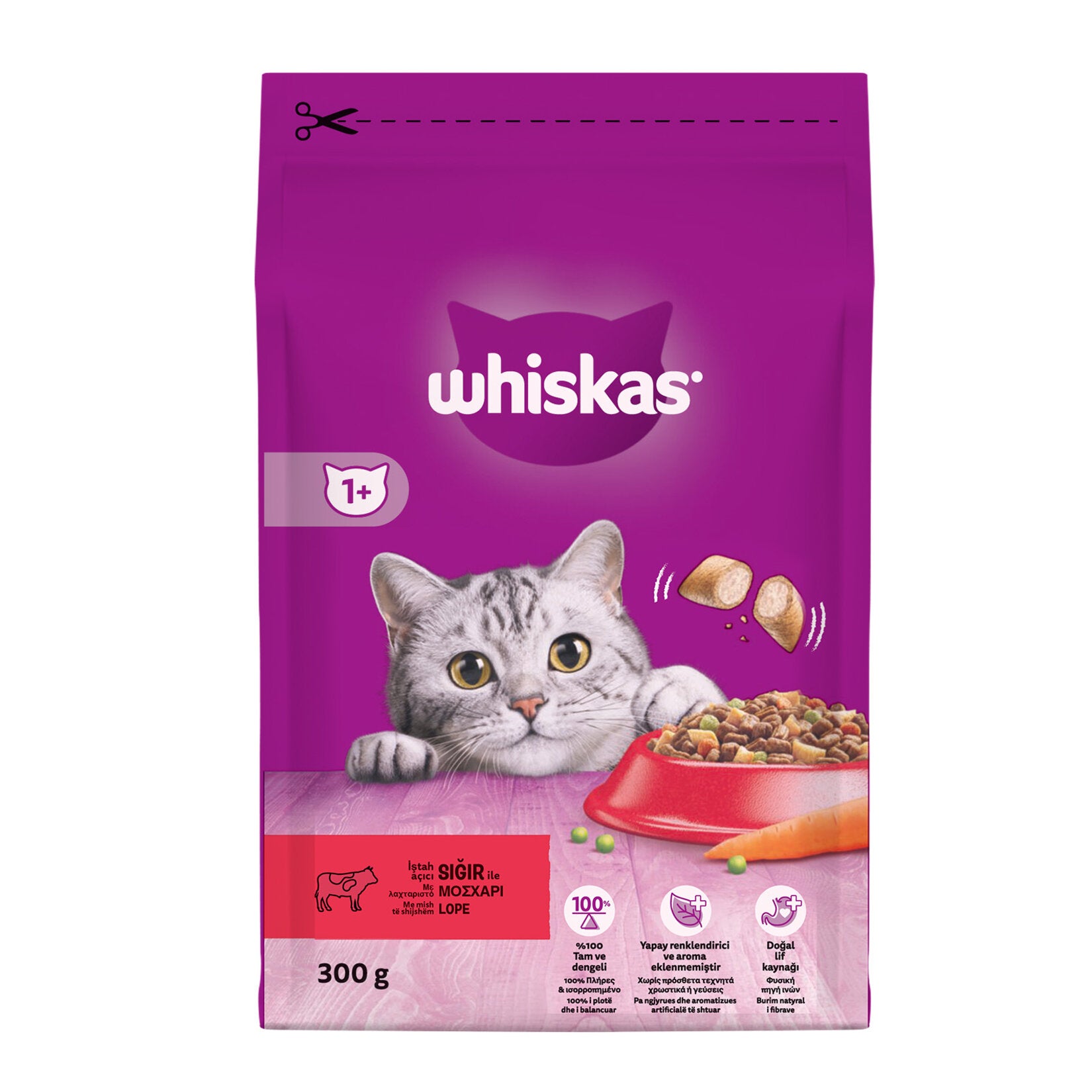 Whiskas Beef and Carrot Dry Cat Food 300g is specially crafted to provide balanced daily nutrition for adult cats.