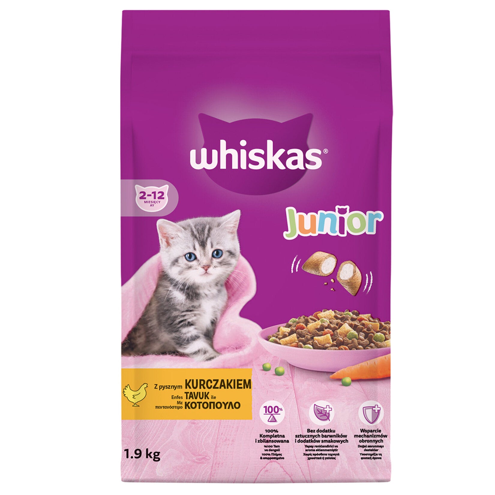 Whiskas Chicken Kitten Dry Food 1.9 kg is specially formulated to support the nutritional needs of growing kittens.