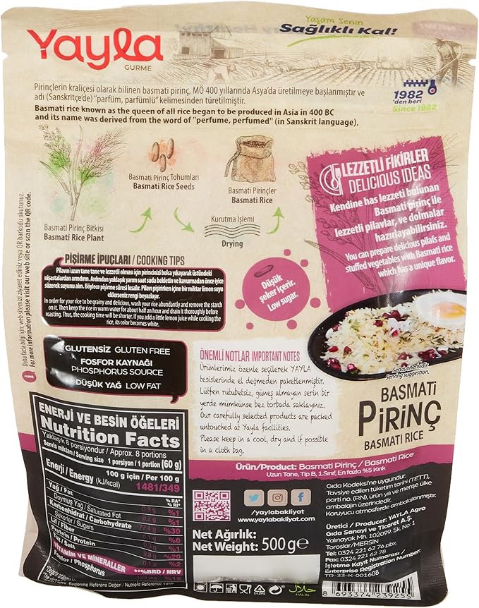 Yayla Gourmet Basmati Rice 17.6 oz (Yayla Basmati Pirinç 500 G)