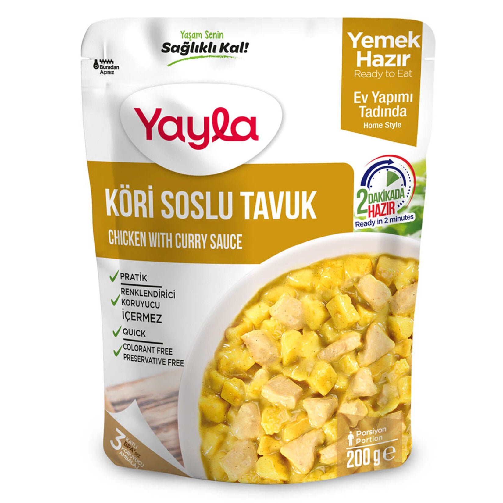 Enjoy the rich, comforting taste of Yayla Curry Chicken, a convenient ready-to-eat Turkish-style meal made with tender chicken breast, potatoes, and a creamy curry sauce.