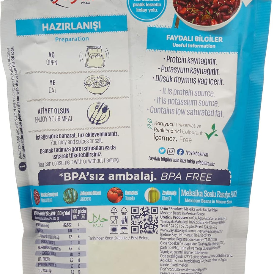 Yayla Ready Meal Mexican Beans with Mexican Sauce (Fasulye Pilaki) 400 G
