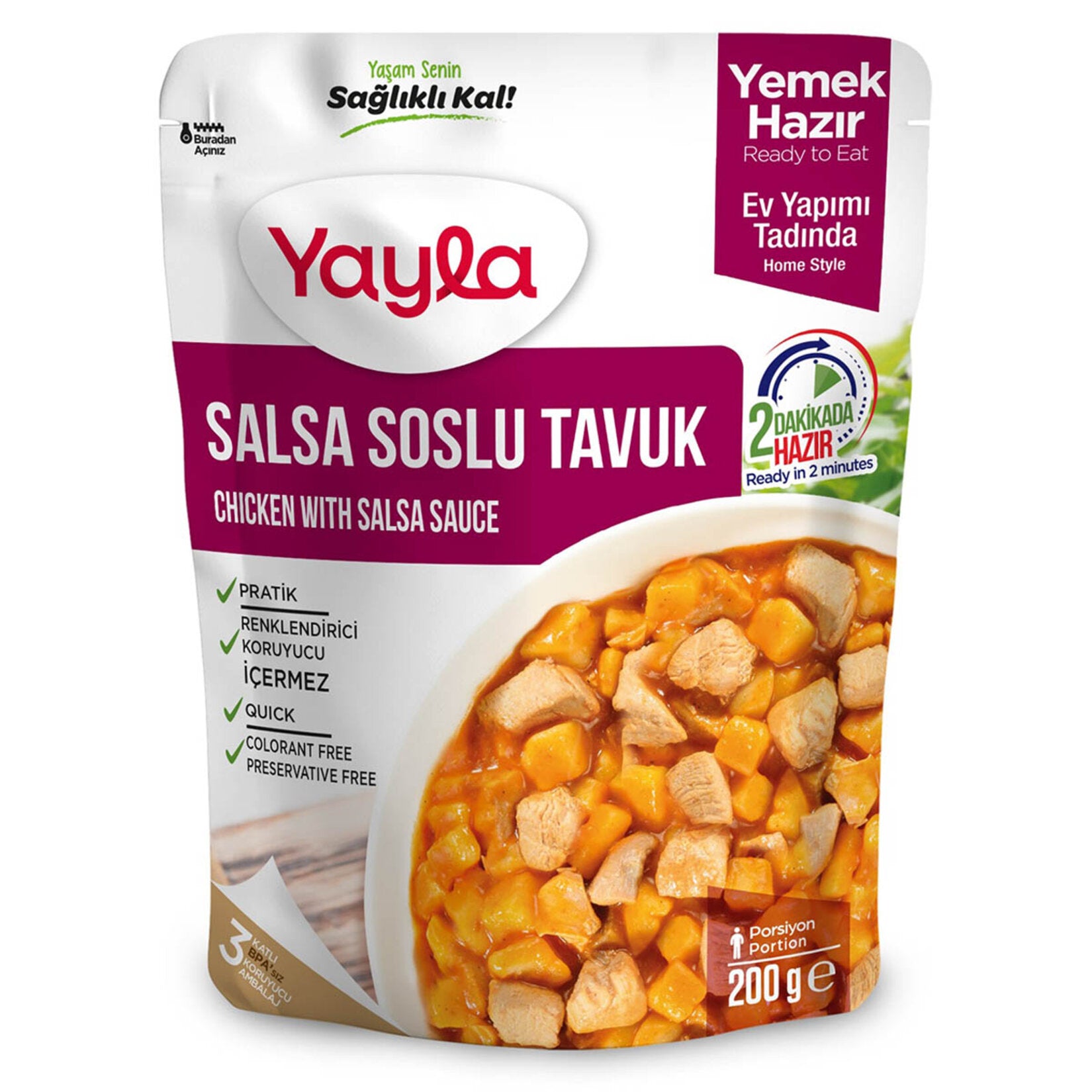 Yayla Salsa Soslu Tavuk is a flavorful ready-to-enjoy chicken dish prepared with tender chicken breast, rich tomato puree, and a mildly spicy salsa-style sauce.