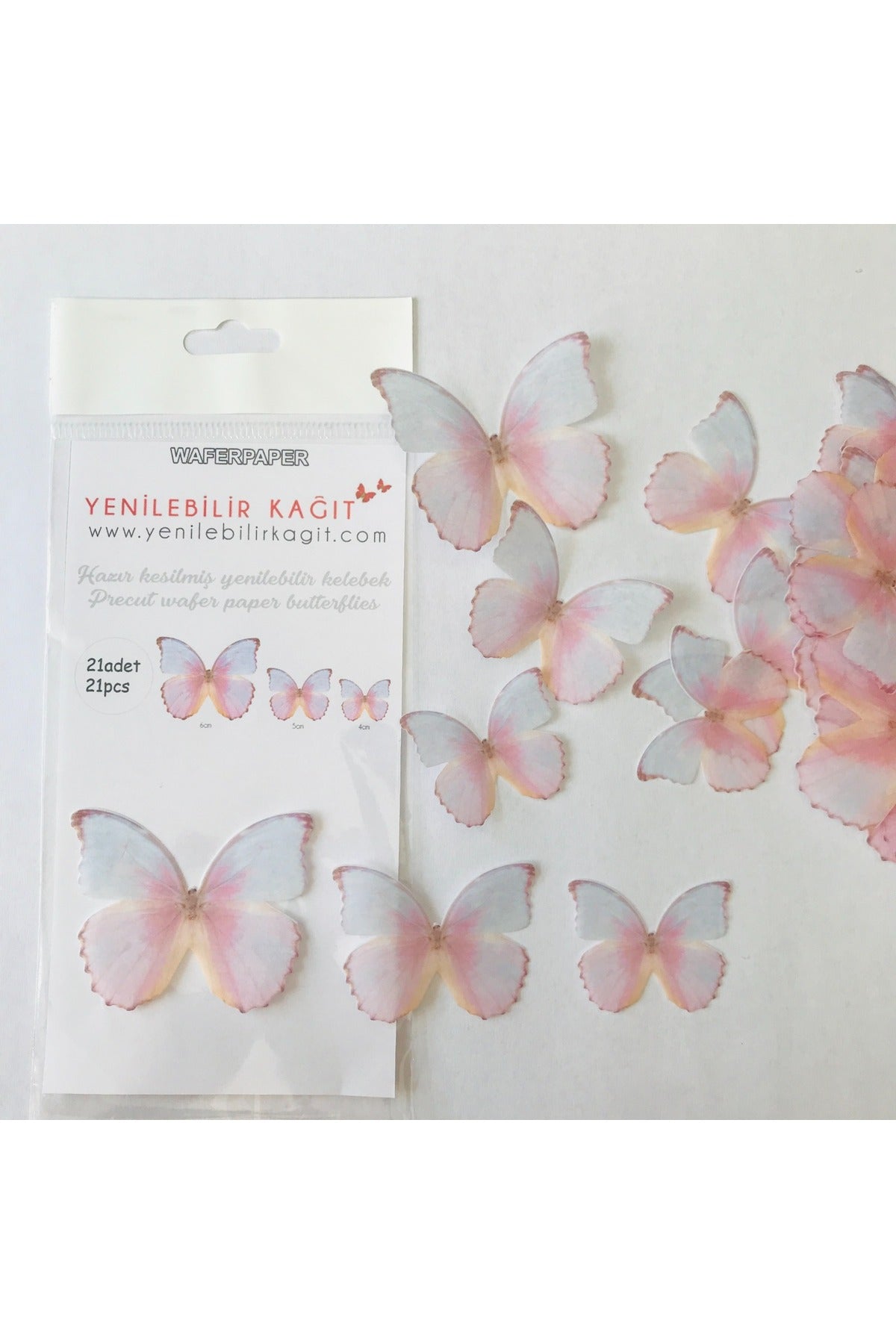 Add a delicate and creative touch to your desserts with Yenilebilir Kagit Wafer Paper Pre-Cut Butterflies.