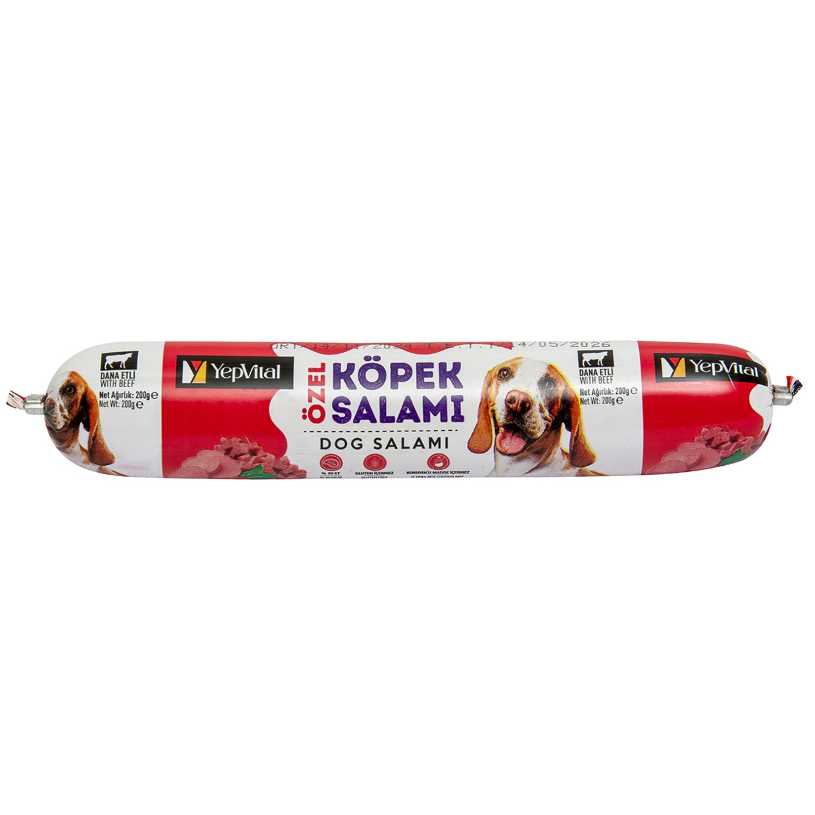 Yepvital Beef Dog Salami 200 g is a savory dog treat made with beef and animal by-products, enriched with fish oil, starch, vegetable protein, and minerals.