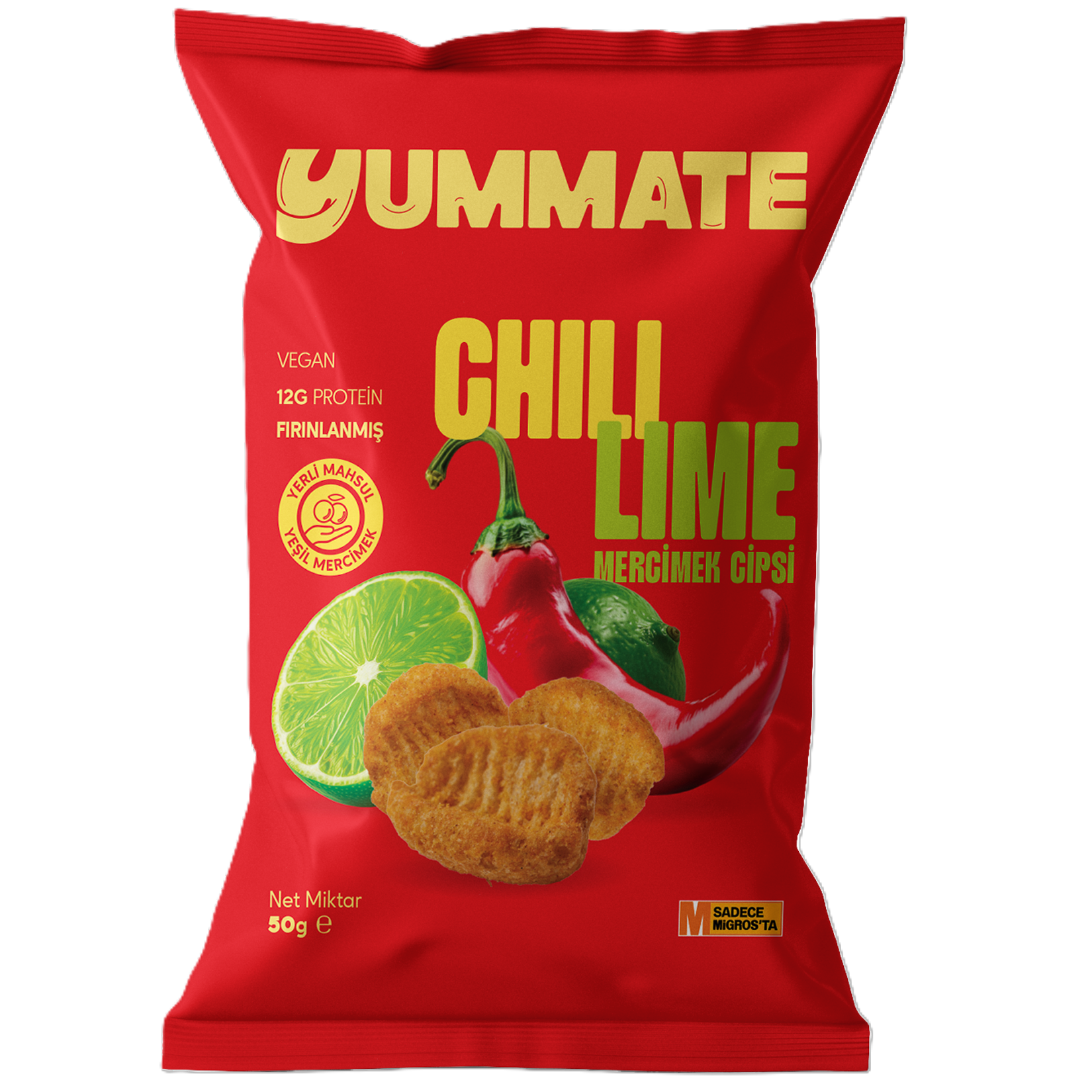 Yummate Chili Lime Lentil Chips bring together the bold heat of chili and the fresh zing of lime in a light, crunchy snack made from lentils and plant-based protein.