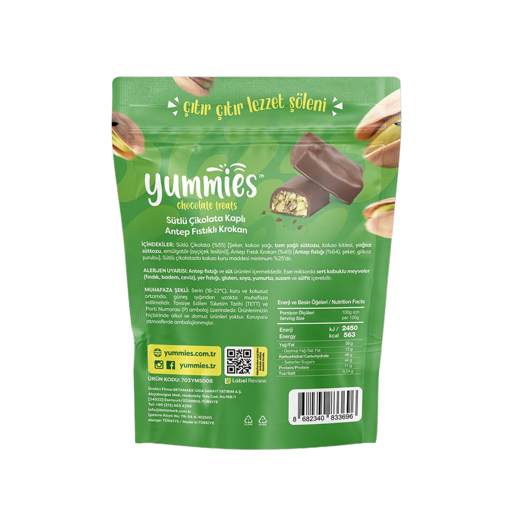 Yummies Milk Chocolate Covered Pistachio Brittle brings together rich milk chocolate and crunchy Antep pistachio brittle for a delightful Turkish treat.