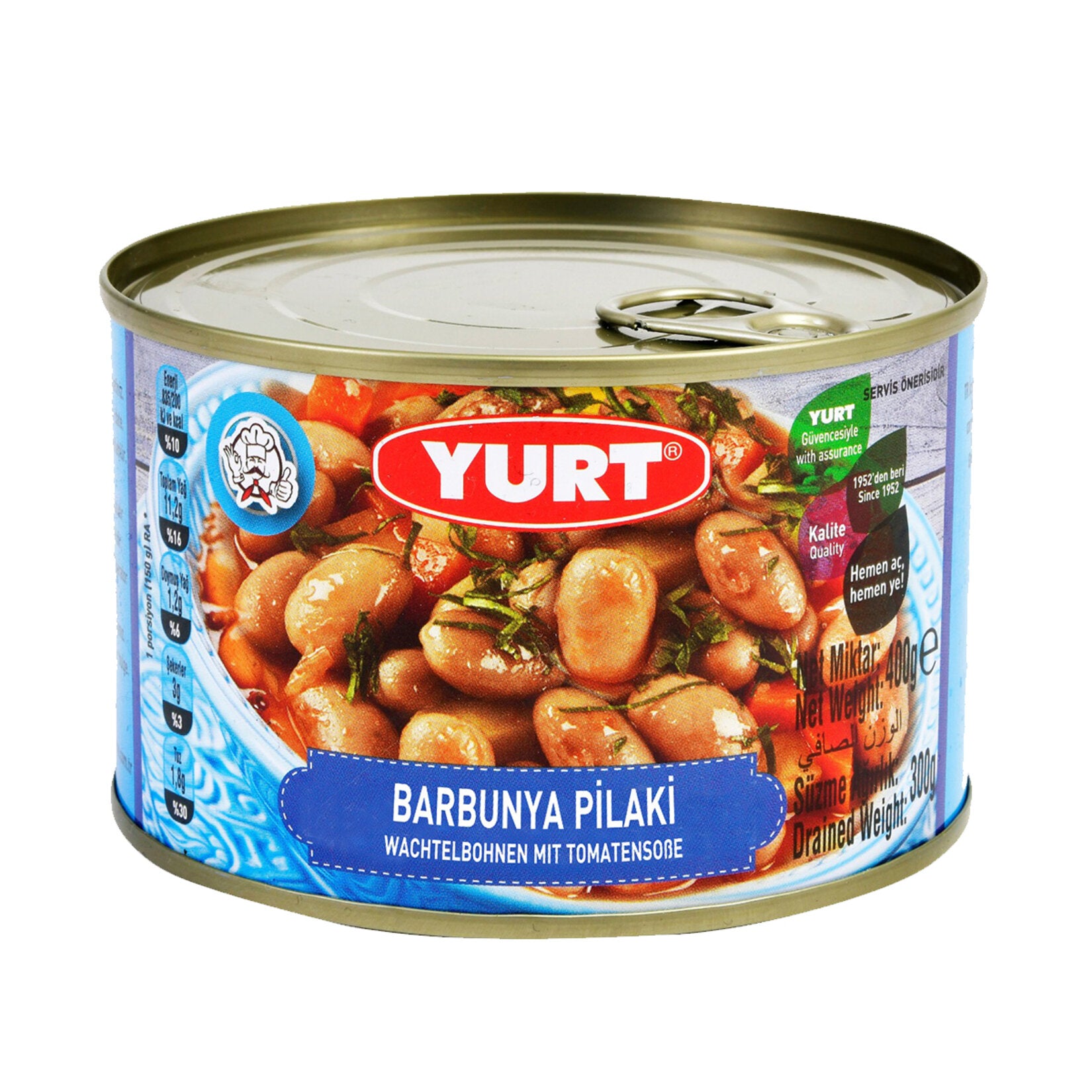 Yurt Konserve Barbunya Pilaki is a classic Turkish-style dish made with tender borlotti beans slowly cooked in a savory tomato and vegetable sauce.