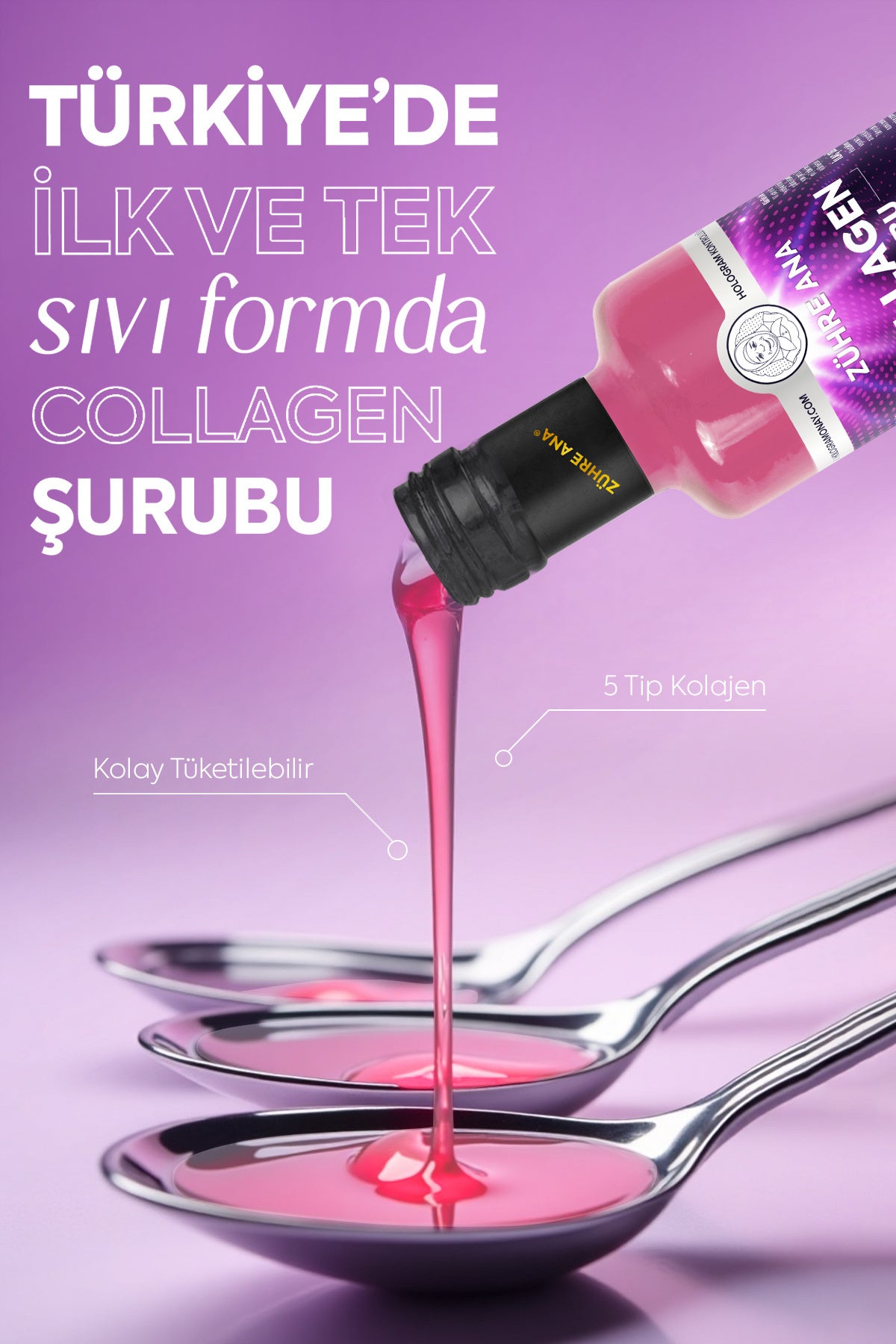 Zuhre Ana Hydrolyzed Collagen Syrup is a liquid collagen supplement formulated with Type I, Type II, and Type III Collagen Peptides, enriched with Vitamin C (L-Ascorbic Acid) and Egg Membrane, a natural source of Type V and Type X Collagen.