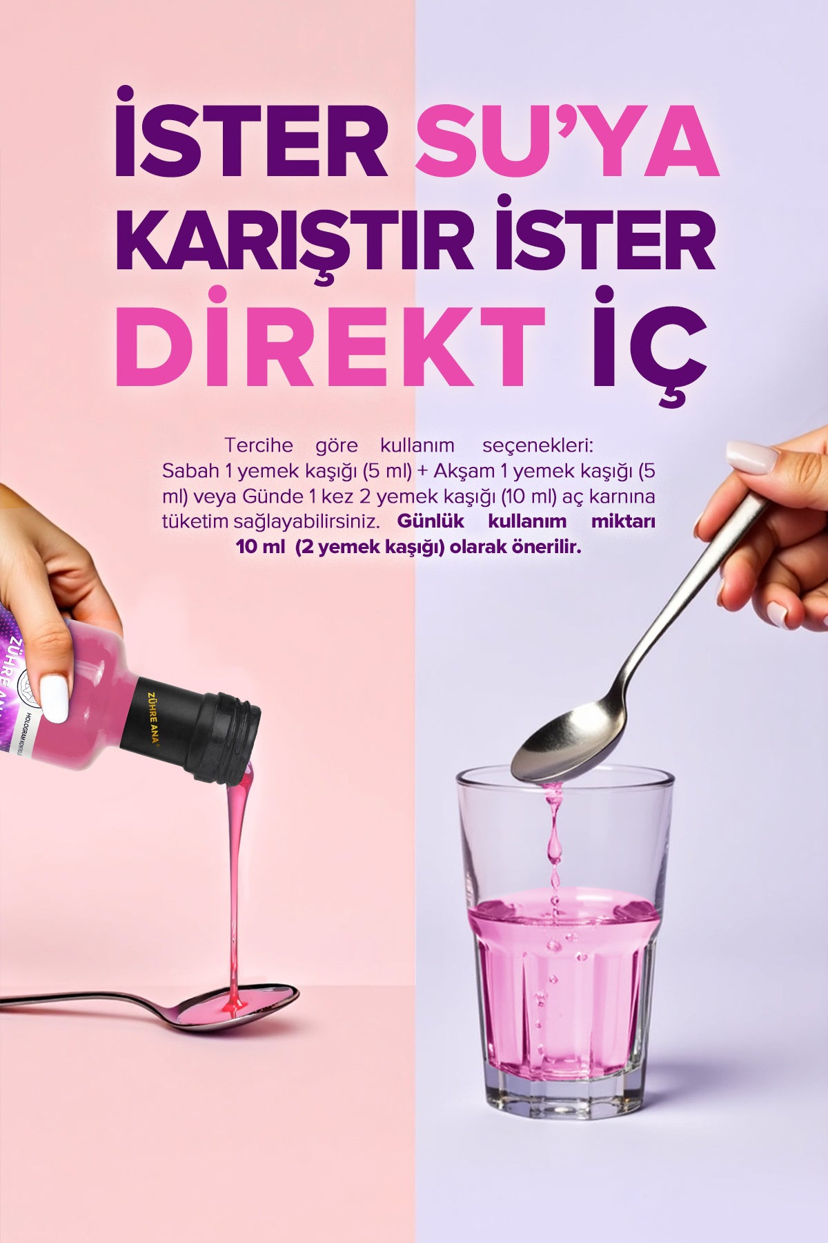 Zuhre Ana Hydrolyzed Collagen Syrup is a liquid collagen supplement formulated with Type I, Type II, and Type III Collagen Peptides, enriched with Vitamin C (L-Ascorbic Acid) and Egg Membrane, a natural source of Type V and Type X Collagen.