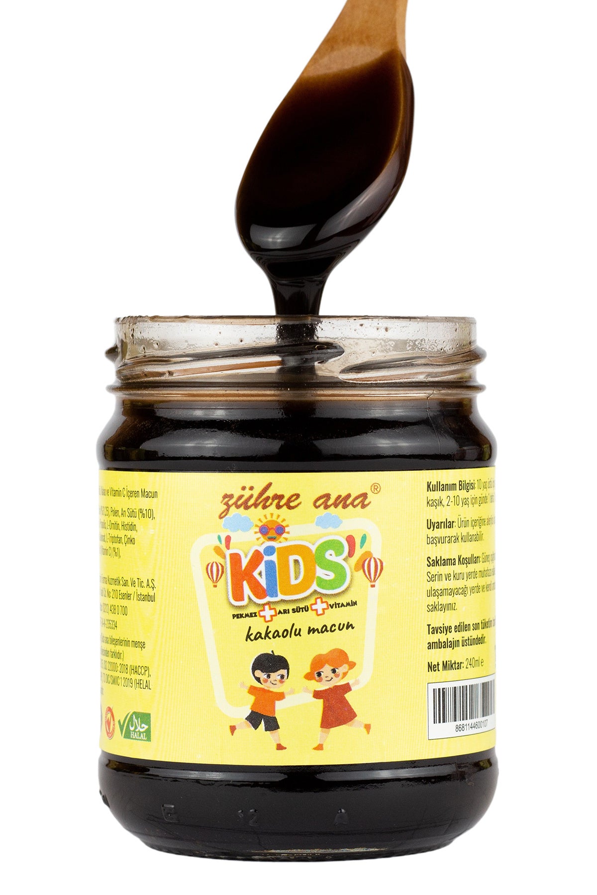 Zuhre Ana Kids Royal Jelly Molasses Honey and Vitamin Cacao Paste is a specially crafted herbal-style spread designed for children.