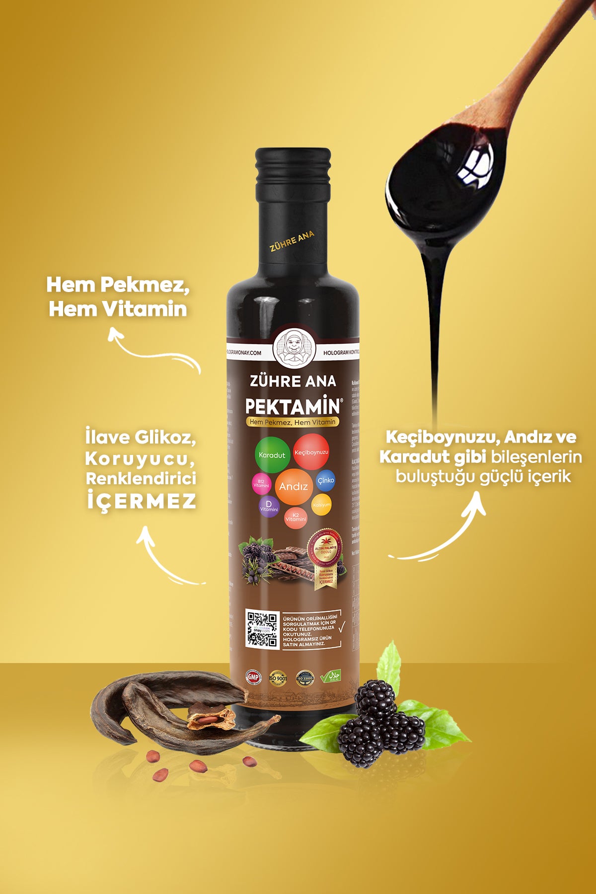 Zühre Ana Pektamin is a carefully crafted molasses blend made from carob extract, black mulberry extract, and andiz molasses, enriched with selected vitamins and minerals.
