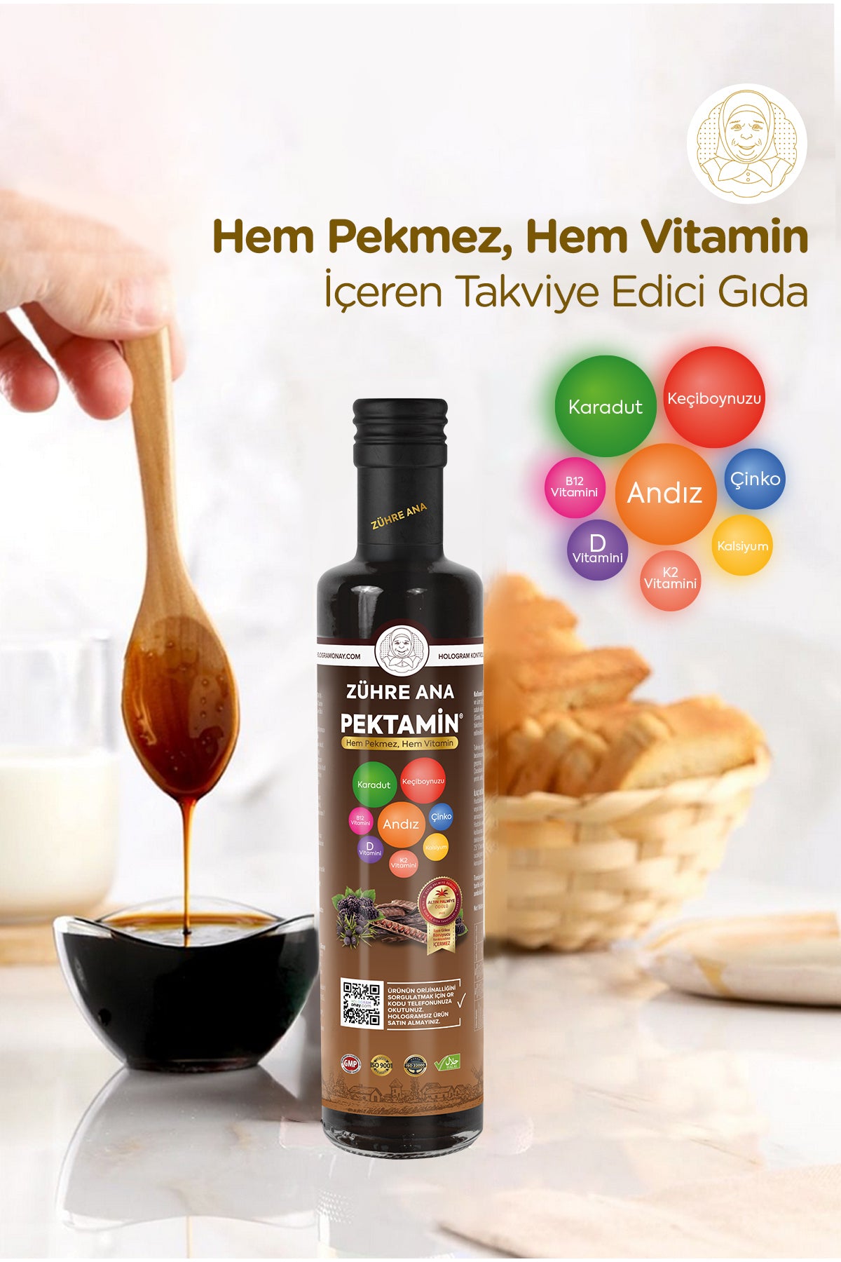 Zühre Ana Pektamin is a carefully crafted molasses blend made from carob extract, black mulberry extract, and andiz molasses, enriched with selected vitamins and minerals.