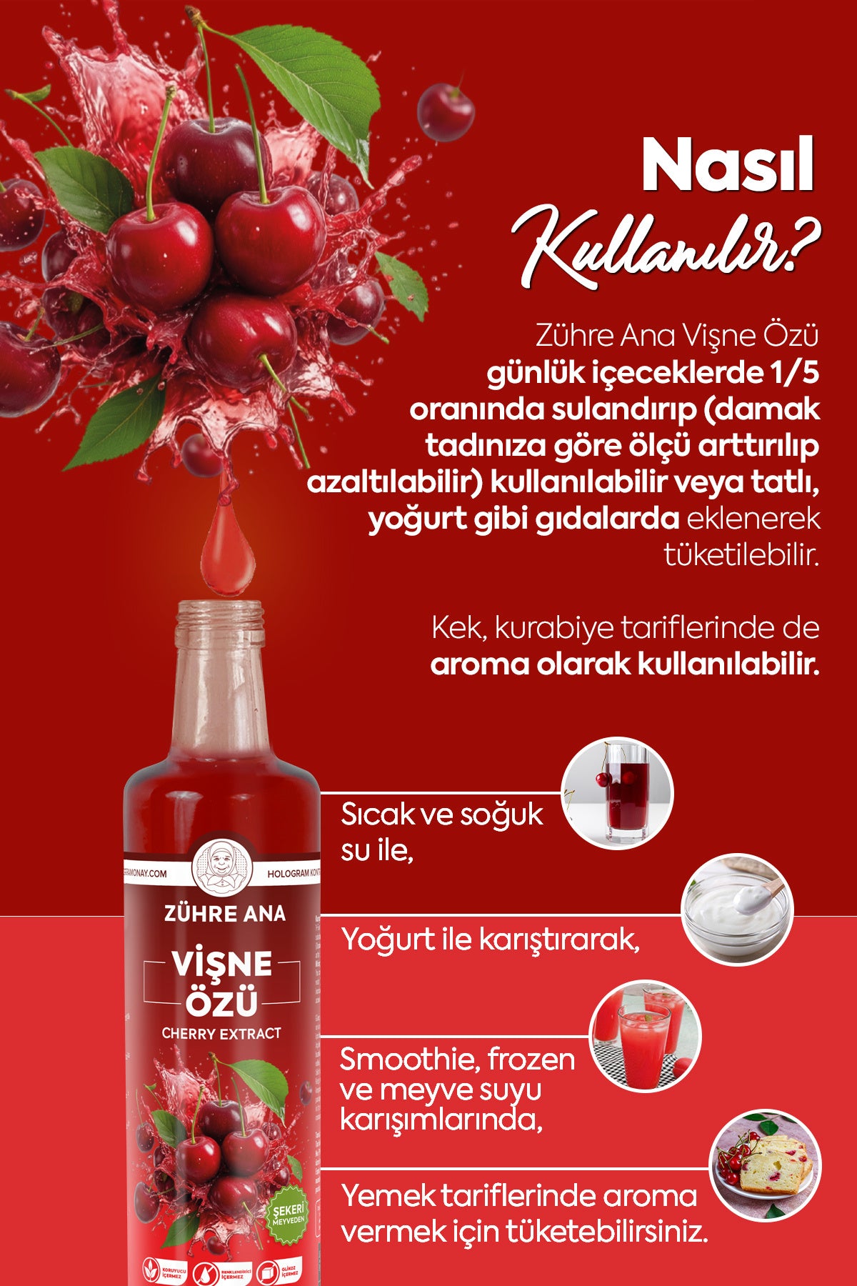 Zuhre Ana Visne Ozu is a concentrated sour cherry extract made from 100% sour cherry, offering a bold, naturally tangy flavor for drinks and recipes.