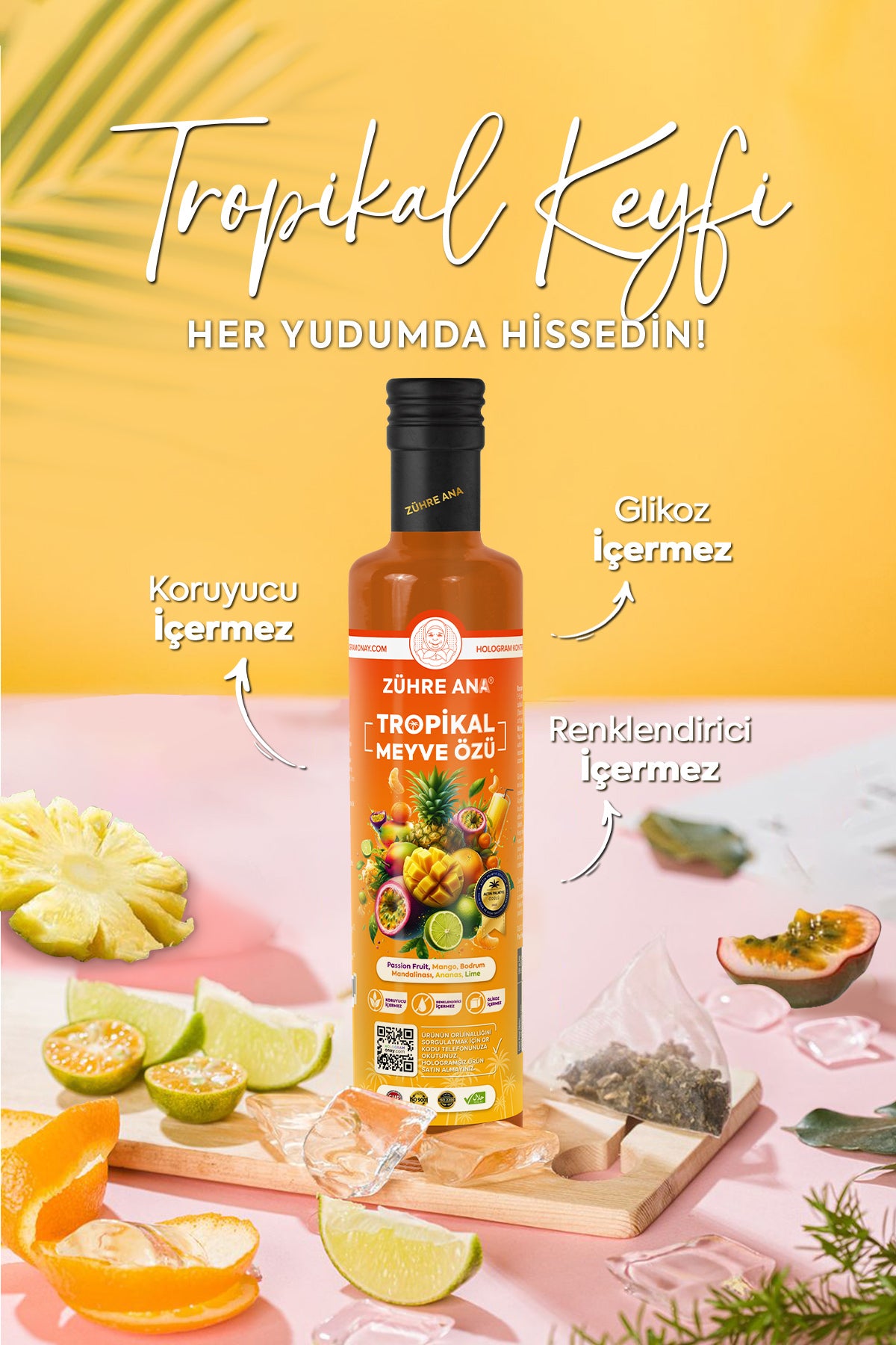 Zühre Ana Tropical Fruit Extract brings together the vibrant taste of passion fruit, mango, Bodrum mandarin, pineapple, and lime in one naturally flavorful blend.