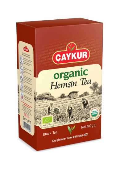 Çaykur Organic Hemşin Tea packaging, showing a red and white box with the brand logo, product name, and organic certification symbols.